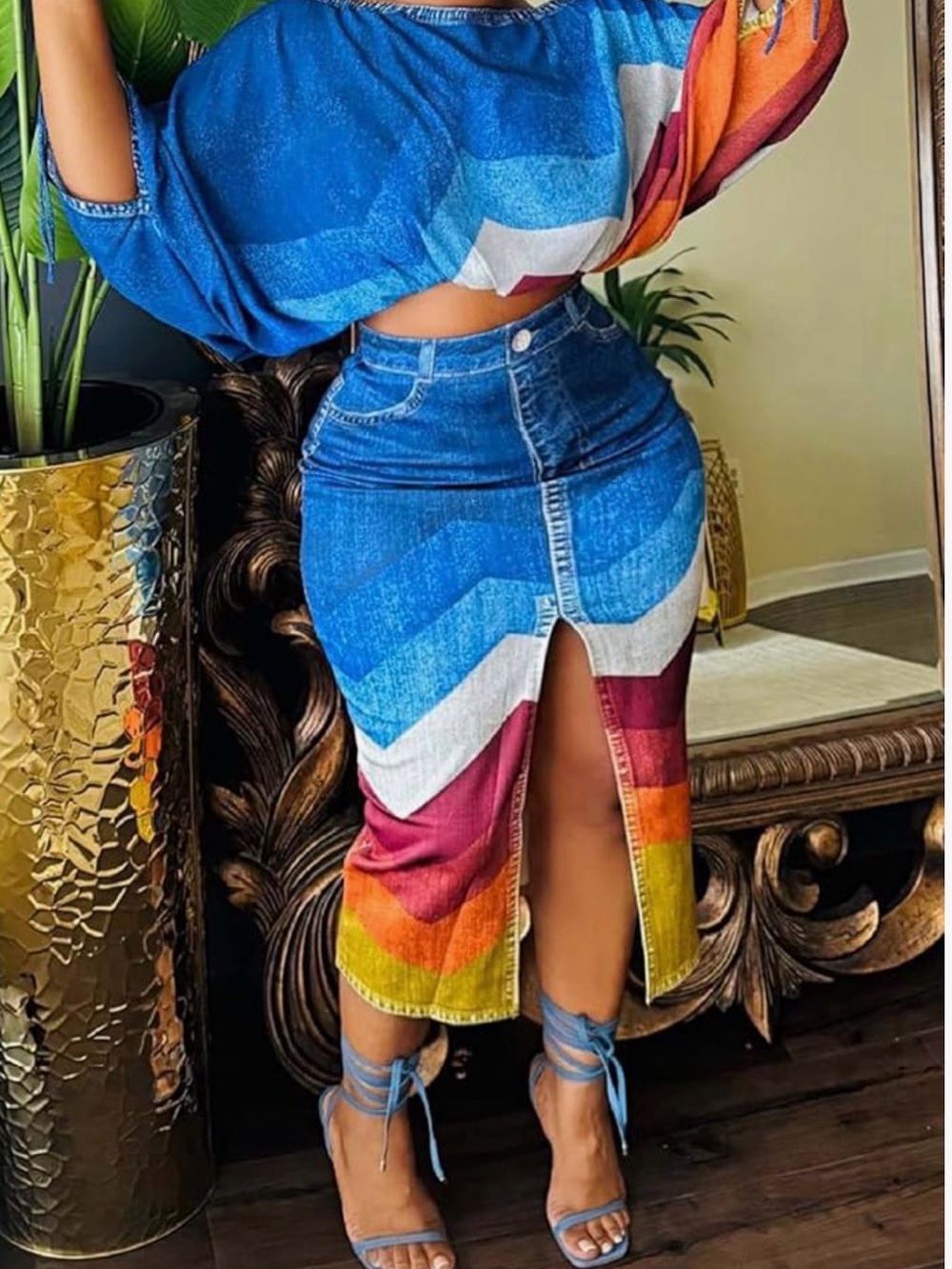 Contrast Color Bat-Wing Sleeve Top Slit Midi Skirt 2pcs Set-Blue